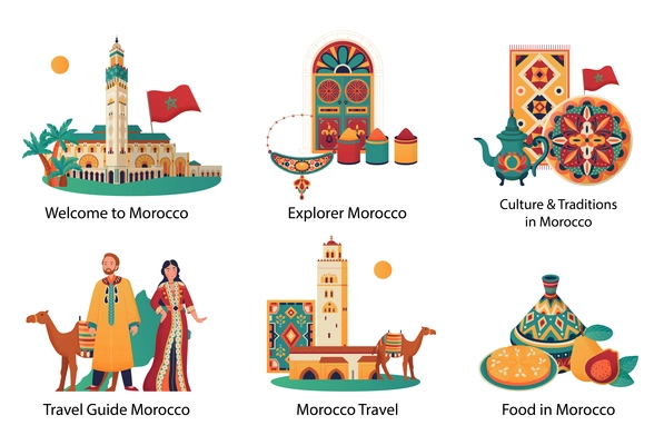 Morocco travel flat compositions set with people wearing national costumes traditional cuisine objects landmark isolated vector illustration