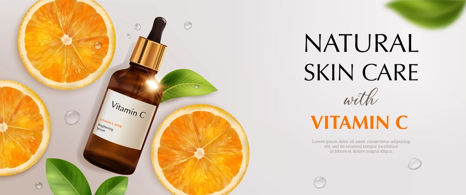 Orange vitamin c brightening serum realistic horizontal ads poster with cosmetic product for natural skin care glass bottle and citrus slices vector illustration