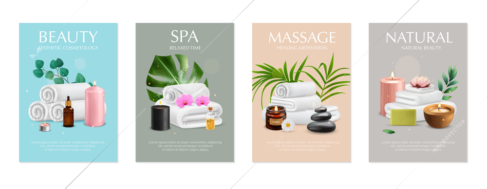 Set of four isolated spa posters with editable text realistic towels aromatic oil and exotic plants vector illustration