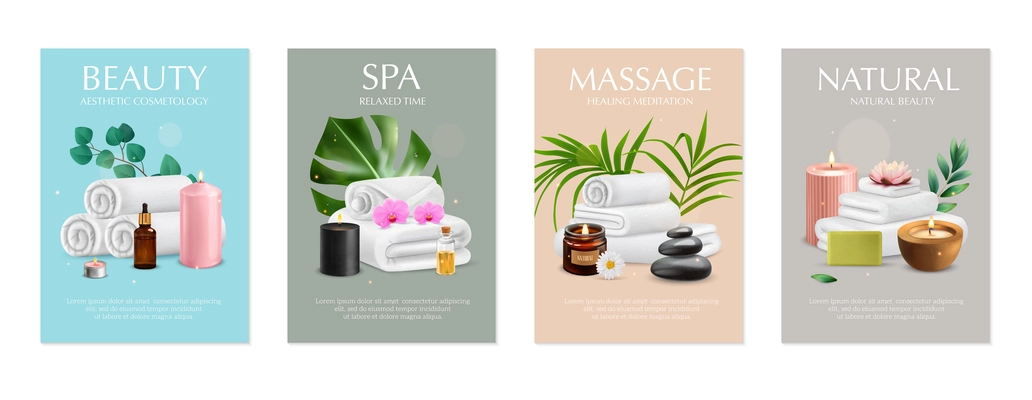 Set of four isolated spa posters with editable text realistic towels aromatic oil and exotic plants vector illustration