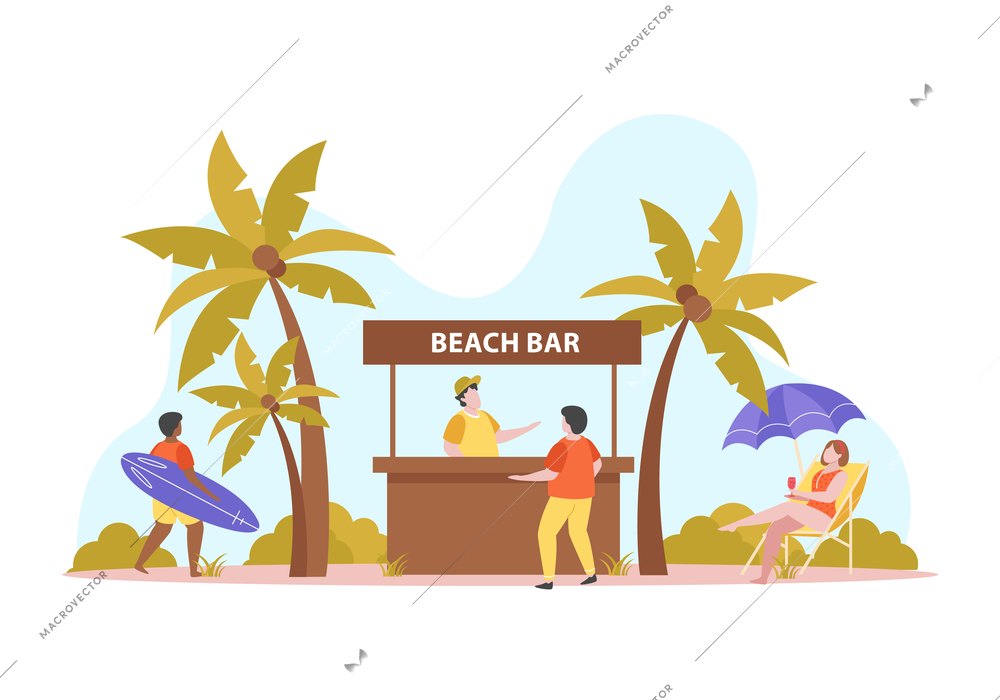 Summer activities flat recolor composition with outdoor scenery palm trees and beach bar booth with people vector illustration