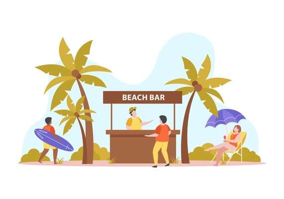 Summer activities flat recolor composition with outdoor scenery palm trees and beach bar booth with people vector illustration