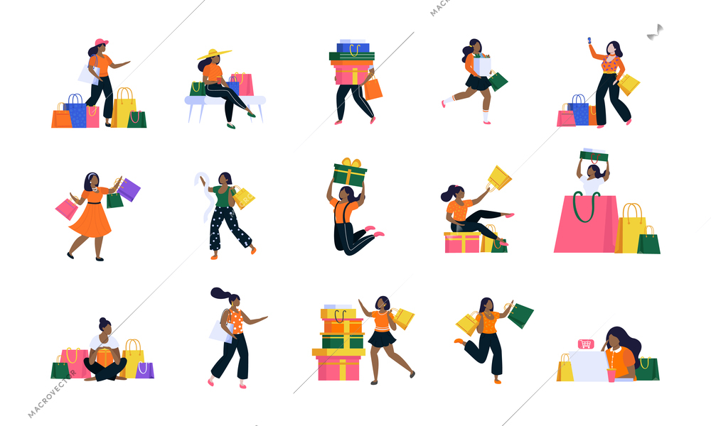 Shopping girls flat recolor set of isolated icons with female characters holding colorful bags gift boxes vector illustration