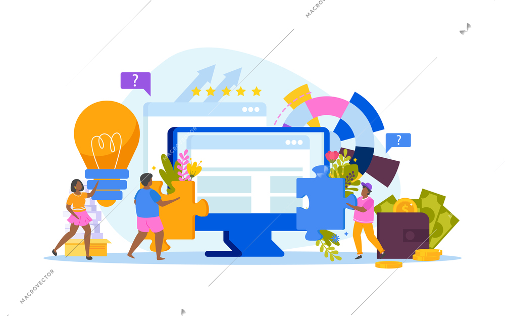 Searching decisions concept flat shopping girls background composition with doodle style people computer money and puzzle vector illustration
