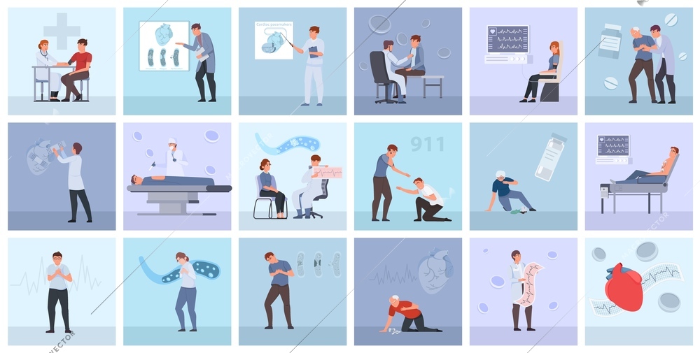 Set with square shaped isolated cardiovascular diseases compositions with flat human characters showing various sickness symptoms vector illustration