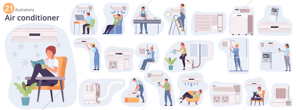 Air conditioning flat set of isolated compositions with icons of household cooling devices with human characters vector illustration