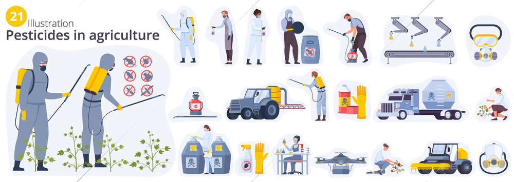 Pesticide farm set of flat isolated compositions with icons of chemical detergents and pest control characters vector illustration