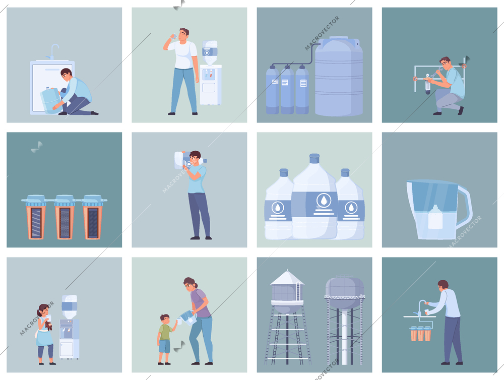 Water purification set of square shaped compositions with flat human characters and images of water storage vector illustration