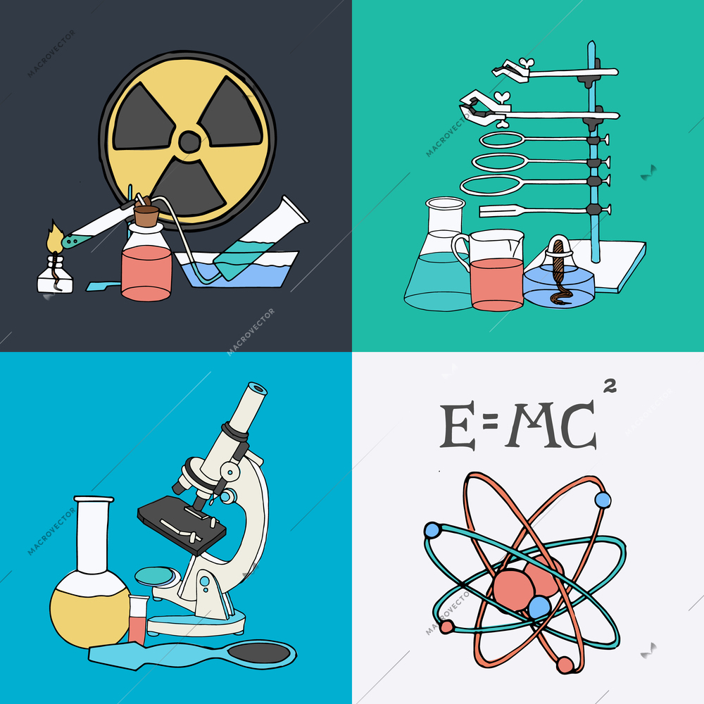 Science scientific research lab equipment colored sketch icons set with flasks burners microscope isolated vector illustration