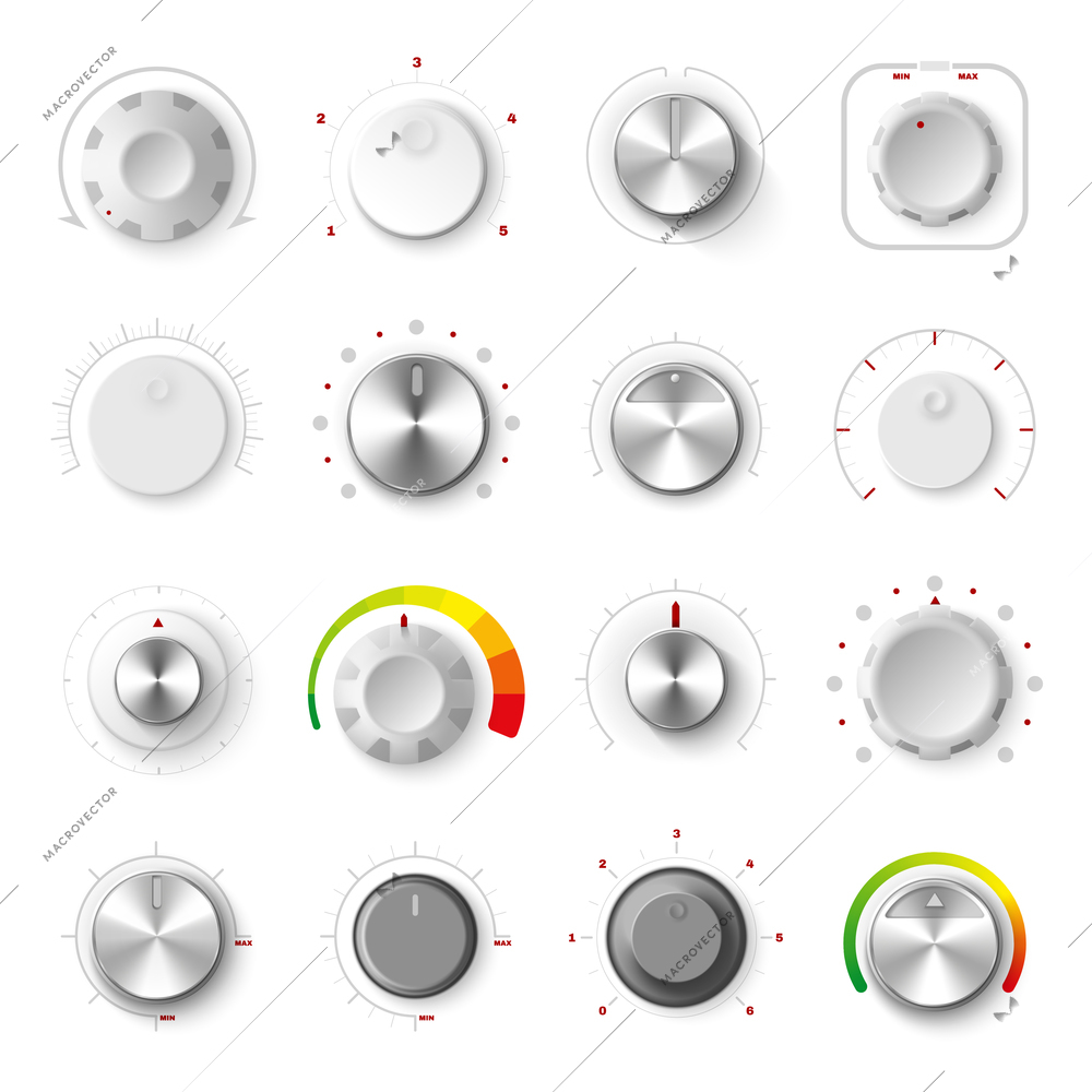 Round adjustment dial on white background realistic set of analogue knobs for level control isolated vector illustration