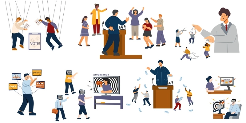 People manipulation politics set with flat isolated icons of voters under officials control with media propaganda vector illustration