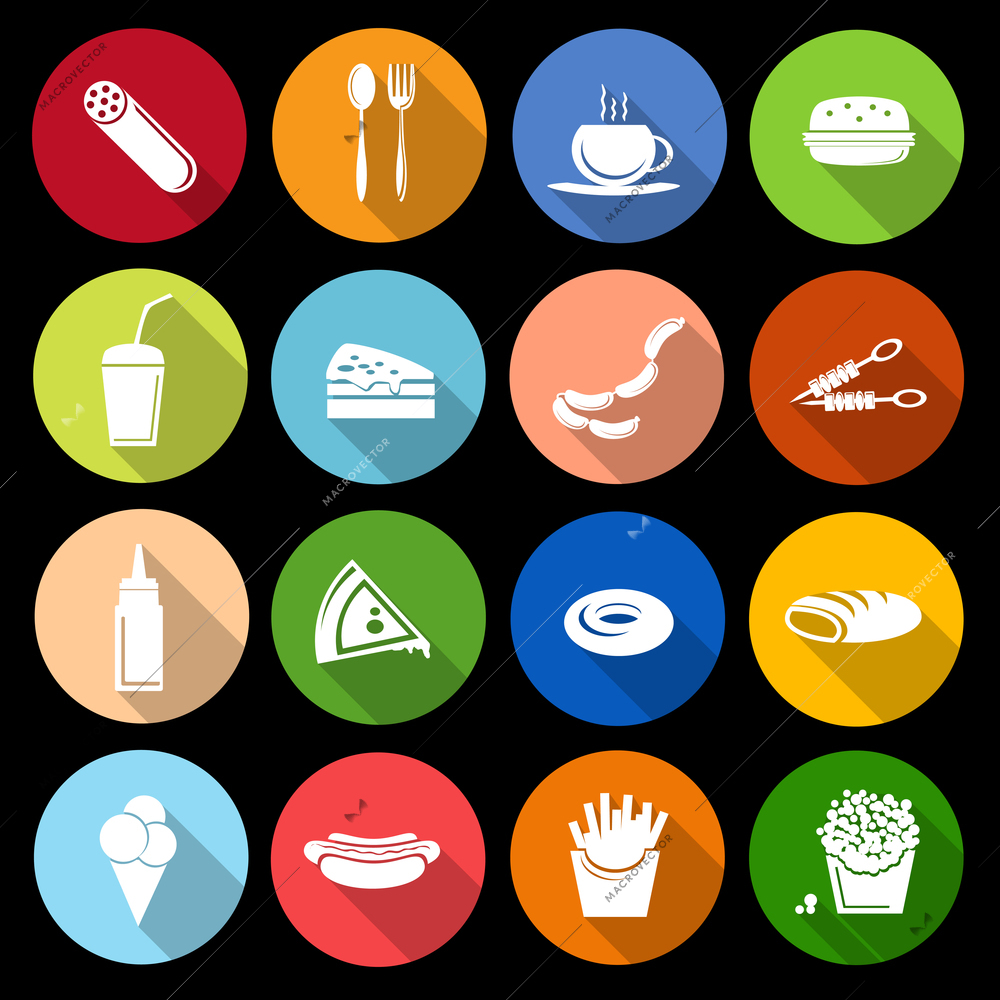 Fast food icons flat set of sausage cutlery cup hamburger isolated vector illustration