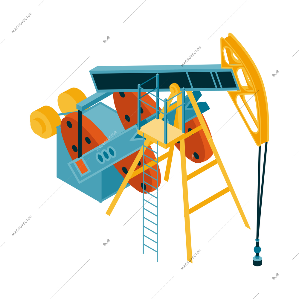 Isometric oil industry workers composition with industrial image on blank background vector illustration