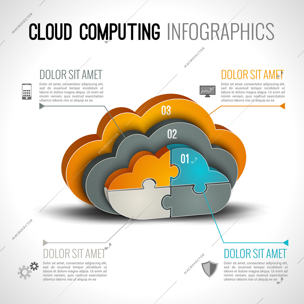 Cloud computing infographics set with 3d chart and data elements vector illustration