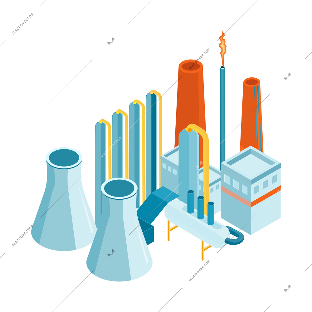 Isometric oil industry workers composition with industrial image on blank background vector illustration