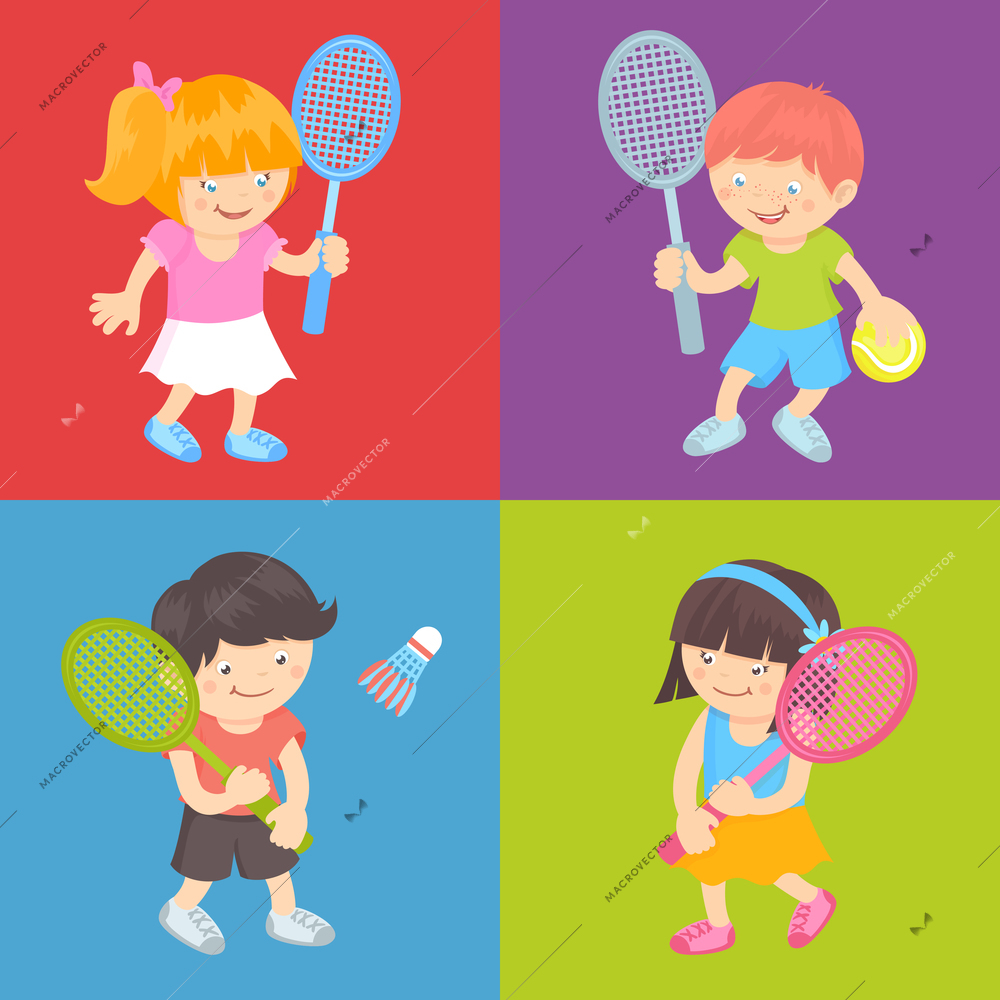 Boy and girl kids with sport equipment playing tennis and badminton flat set isolated vector illustration