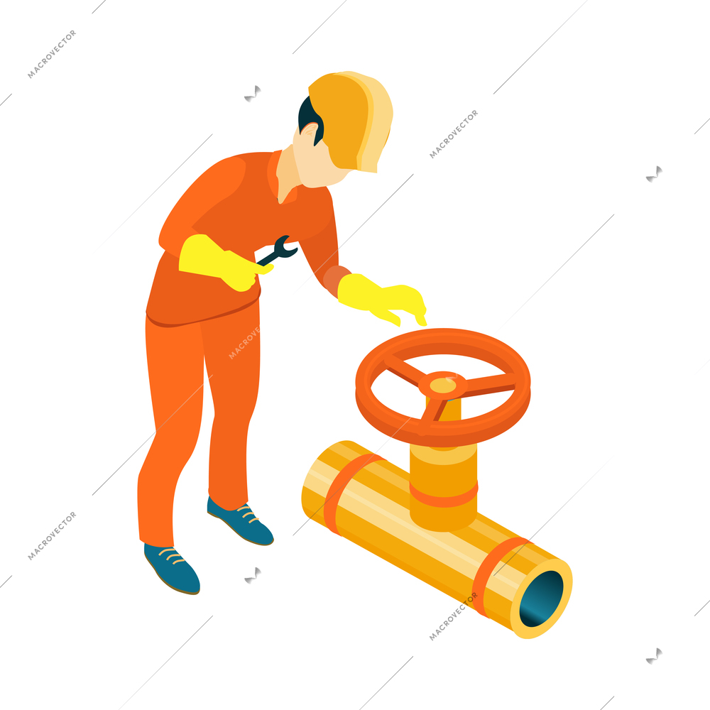 Isometric oil industry workers composition with industrial image on blank background vector illustration