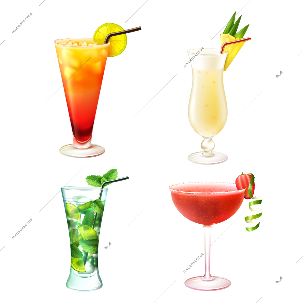 Cocktail alcohol drinks realistic decorative icons set with sex on the beach pina colada mojito strawberry margarita isolated vector illustration