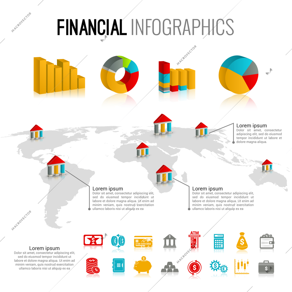 Bank service money financial infographic set with world map and charts vector illustration.