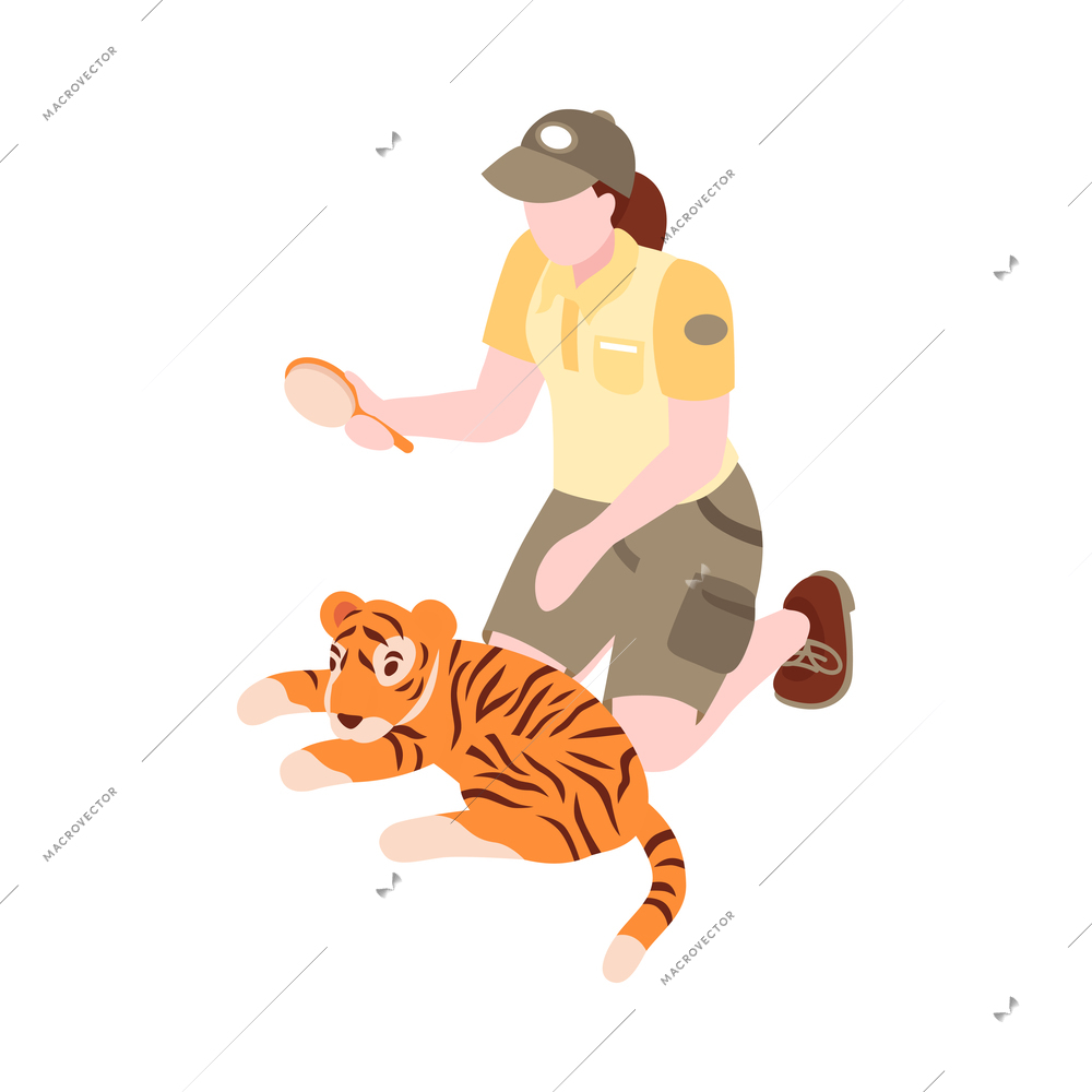 Isometric zoo composition with image of animal with human isolated on blank background vector illustration