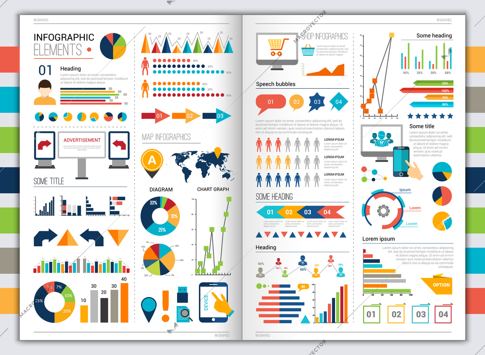 Flat paper infographic set with charts and bookmarks title and heading elements vector illustration