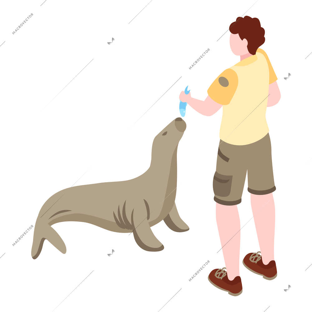 Isometric zoo composition with image of animal with human isolated on blank background vector illustration