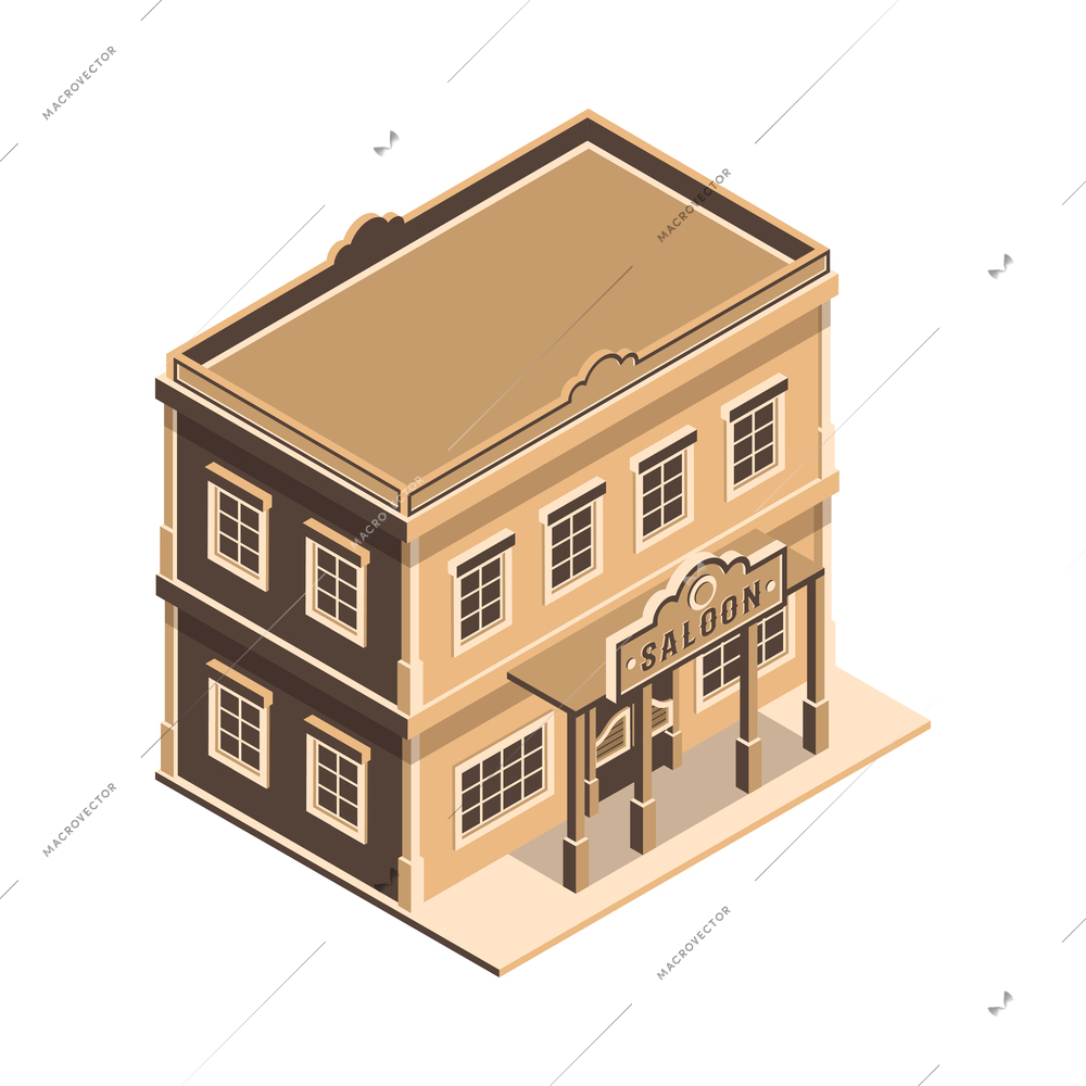 Wild west cowboy local american saloon isometric composition with isolated vintage style image vector illustration