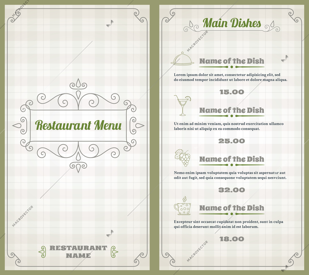 Elegant restaurant menu list with decorative elements on squared background vector illustration