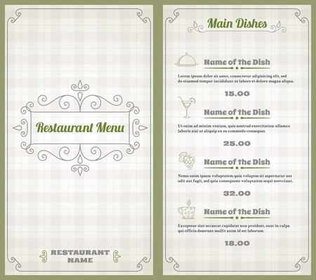 Elegant restaurant menu list with decorative elements on squared background vector illustration