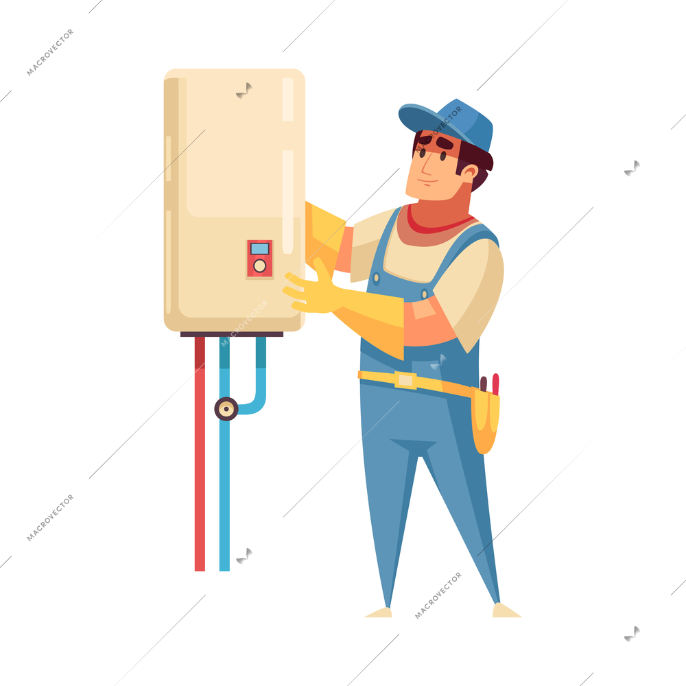 Plumber composition with isolated cartoon style home fixture fixing image on blank background vector illustration