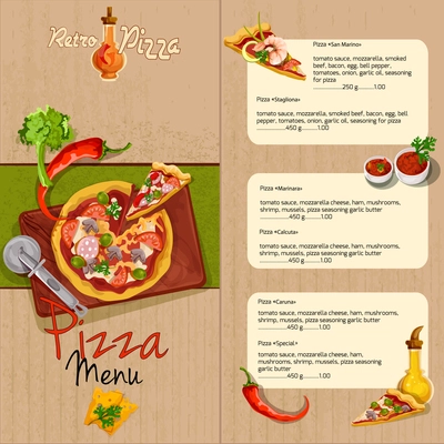 Pizzeria pizza restaurant menu template with ingredients oil and seasoning vector illustration.