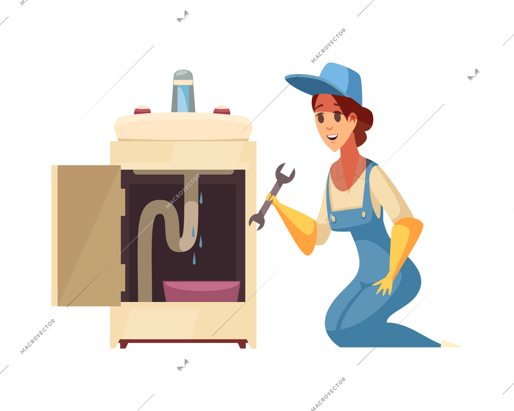 Plumber composition with isolated cartoon style home fixture fixing image on blank background vector illustration