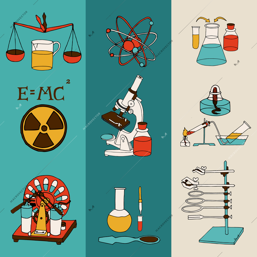 Science chemistry and physics scientific research lab equipment colored sketch banner set isolated vector illustration