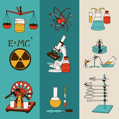 Science chemistry and physics scientific research lab equipment colored sketch banner set isolated vector illustration