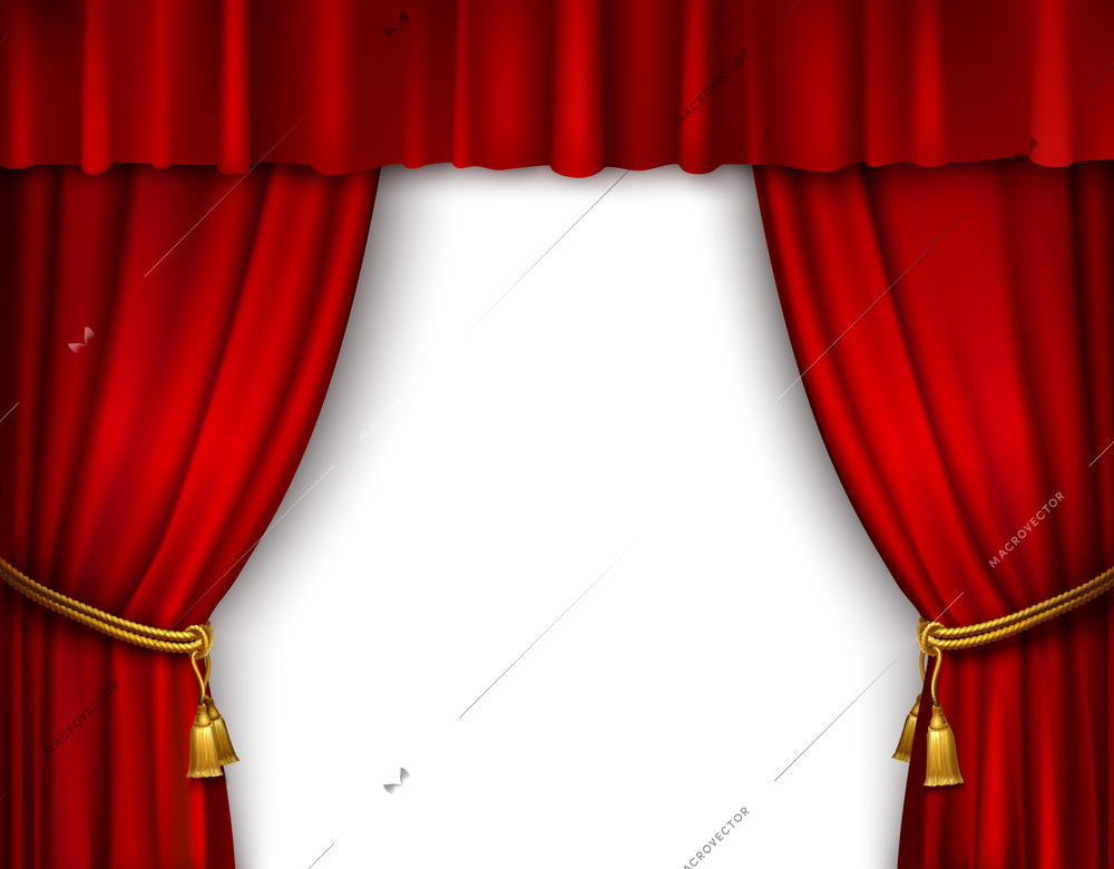 Red stage open theater velvet curtain with gold textile tassels isolated vector illustration