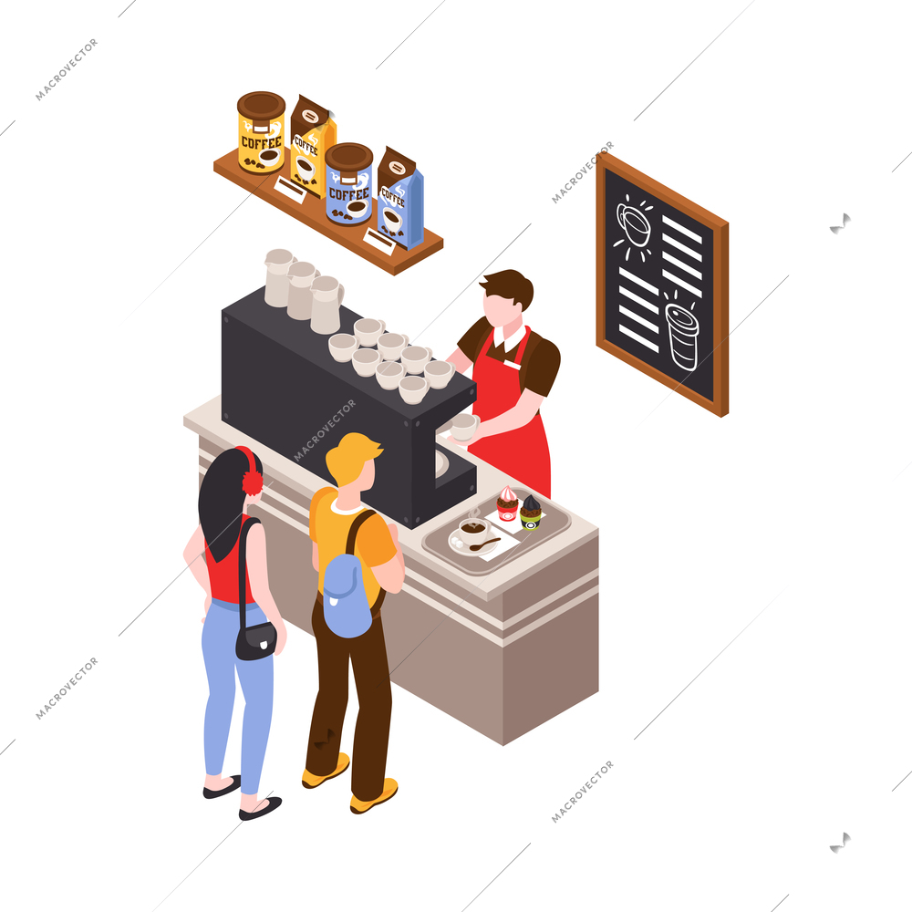 Isometric coffee house barista composition with isolated coffeeshop image on blank background vector illustration