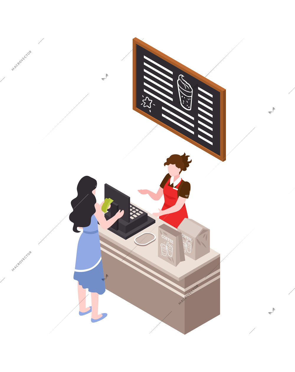 Isometric coffee house barista composition with isolated coffeeshop image on blank background vector illustration