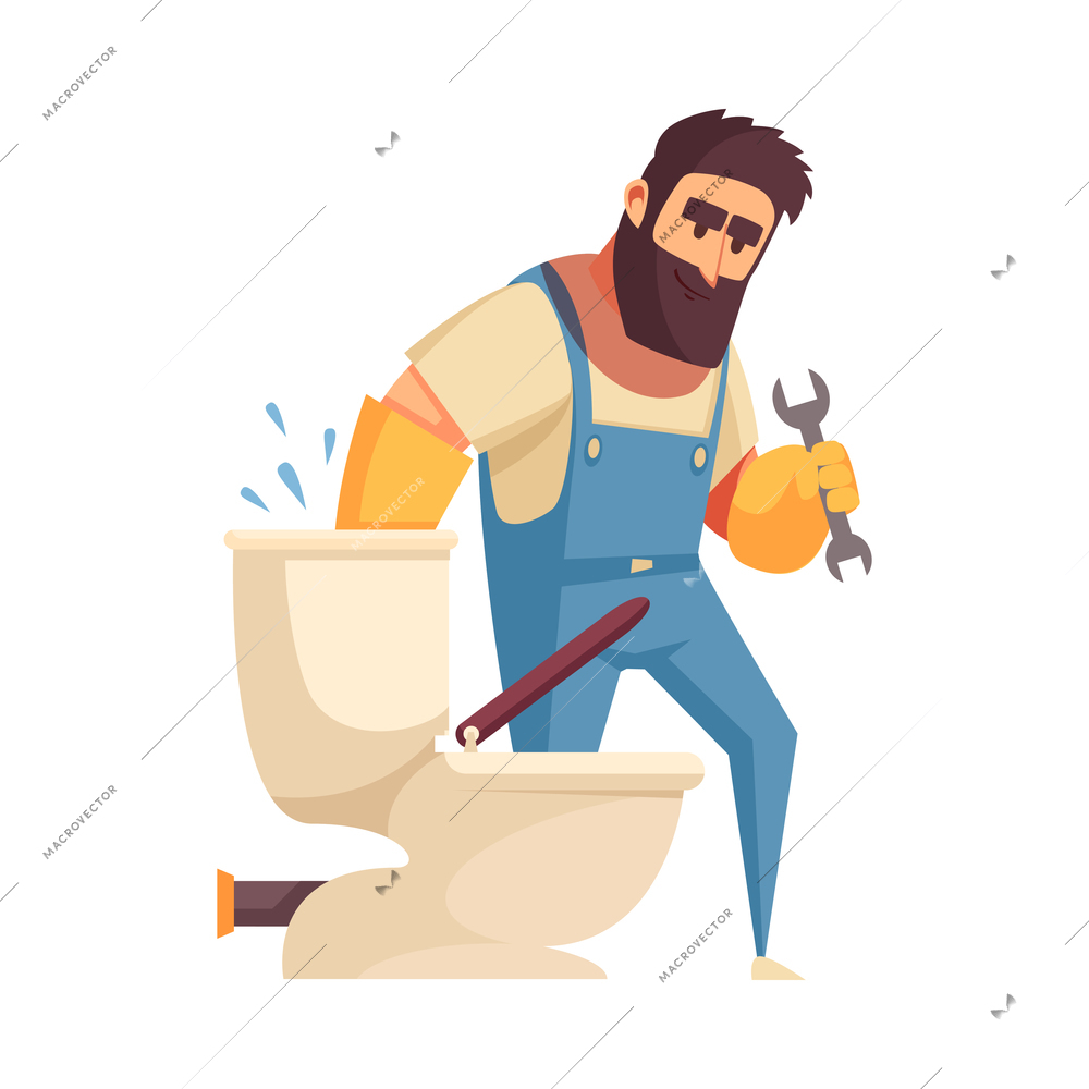 Plumber composition with isolated cartoon style home fixture fixing image on blank background vector illustration