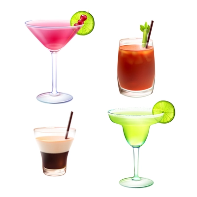 Cocktail alcohol drinks realistic decorative icons set with cosmopolitan bloody mary b-52 margarita isolated vector illustration