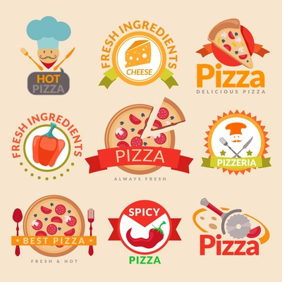 Pizzeria hot pizza fresh ingredients spicy delicious food label set isolated vector illustration