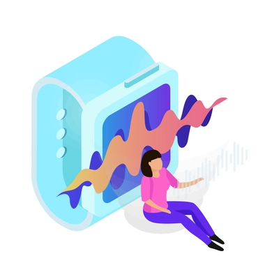 Voice control isometric composition with people controlling smart devices with speak commands vector illustration