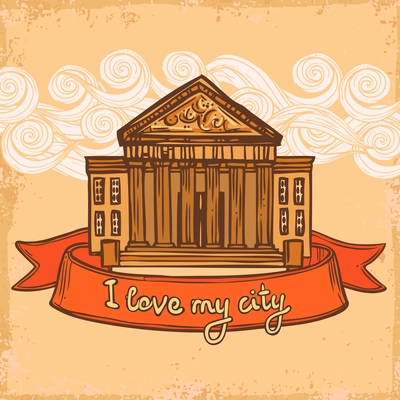 City retro background with sketch university museum courthouse building with column vector illustration