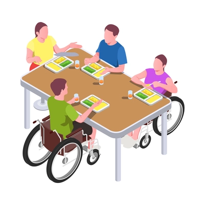 Inclusive education isometric composition with human characters of disabled people developing vector illustration