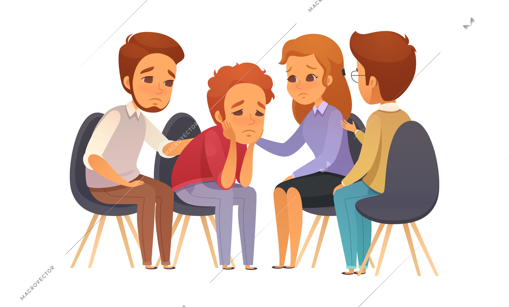 Group therapy cartoon composition with baby face style human characters during mental healing session vector illustration