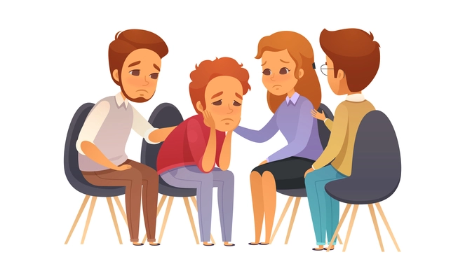 Group therapy cartoon composition with baby face style human characters during mental healing session vector illustration