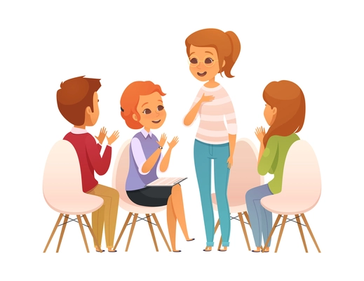 Group therapy cartoon composition with baby face style human characters during mental healing session vector illustration