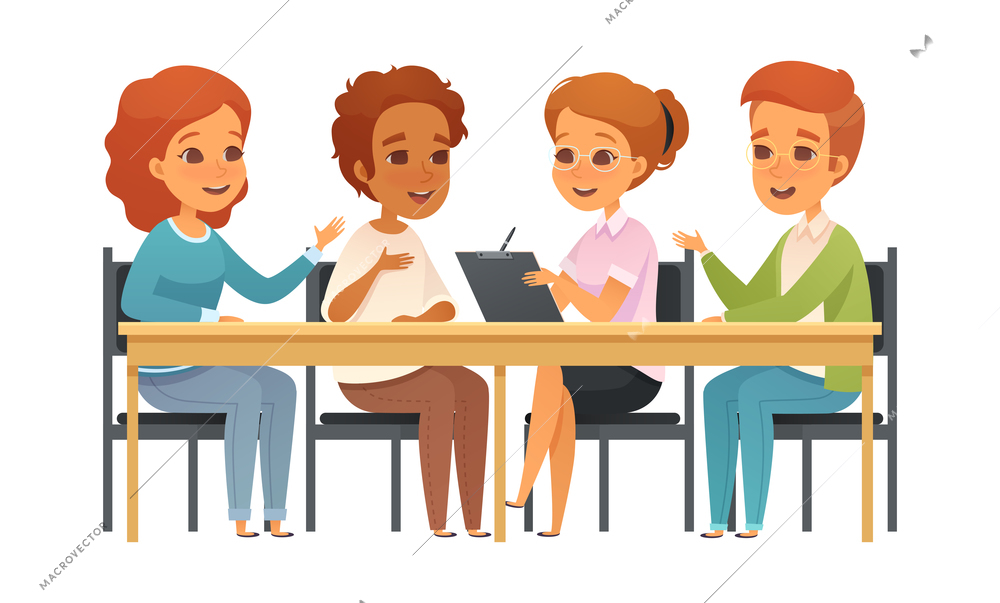 Group therapy cartoon composition with baby face style human characters during mental healing session vector illustration