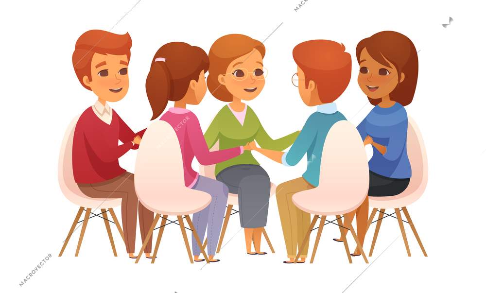 Group therapy cartoon composition with baby face style human characters during mental healing session vector illustration