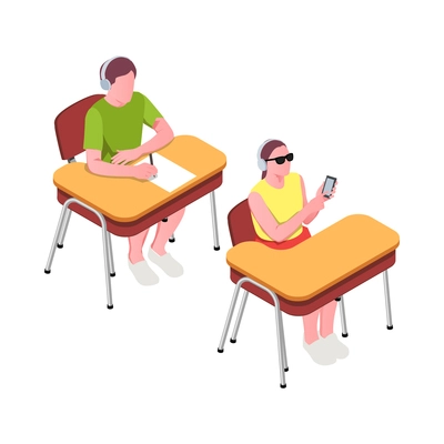 Inclusive education isometric composition with human characters of disabled people developing vector illustration