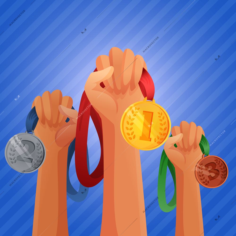 Winners hands holding winner victory golden silver and bronze  medals background vector illustration